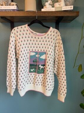 Vintage Cottagecore Ramie Sweater Farm Scene Duck Window Grandpa Sweater Large